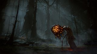 Official artwork for Shadow of the Erdtree depicting a large-headed creature in Abyssal Woods