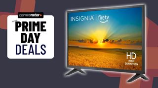 Insignia F20 TV next to Prime Day deals GamesRadar+ badge with word 'almost' sitting above and grey backdrop