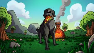 Key art for Pizza Hero, showing Max the dog holding a slice of pizza in his mouth.