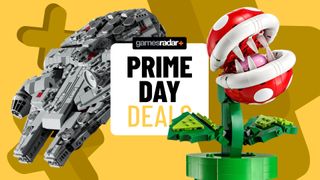 Prime Day deals badge with Lego Millennium Falcon and Piranha Plant sets on either side