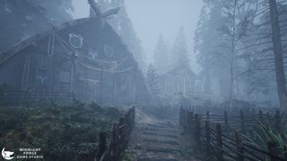 Nowhere game promo image of a wooden cabin in a foggy forest with tall trees dotted all around
