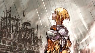 Joan of Arc looks up at the rain in Jeanne d'Arc's key art
