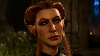 Baldur's Gate 3 screenshot showing Kagha, an elf woman with lengthy thick red hair and a defining long scar along her face